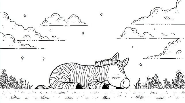 Sleeping zebra curled on grass under fluffy clouds, drawn in black outline