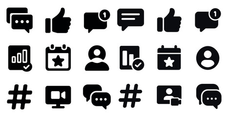 Social media communication icons set: solid, filled, interaction and networking symbols