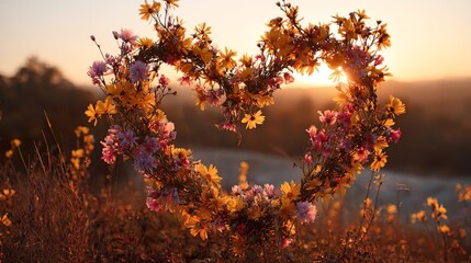 A heart-shaped wreath of wildflowers, bathed in the golden glow of sunrise over an open field. The sun's rays create vibrant colors on the petals and leaves, forming a picturesque scene 