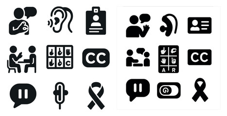 Accessibility and communication solid icons set – healthcare, language support symbols