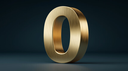 A bold 3D number "0" made from golden brushed metal, spotlighted on a dark navy background with subtle ambient rim lighting	