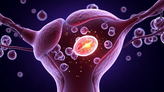 Detailed 3D Animation of Blastocyst Implantation Process Featuring the Uterus and Fallopian Tubes Against Dark Blue Backdrop Highlighting Human Reproductive Biology and Microscopic Cellular Activity