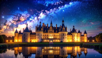 Obraz premium Castle mirroring starlit water vista