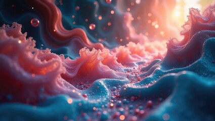 Abstract landscape of swirling, textured forms in vibrant hues.