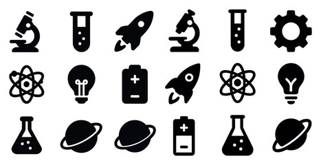 Science and research solid icons set – laboratory, filled, innovation symbols