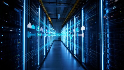 Fototapeta premium Data Center: High-Tech Server Room with Cloud Computing Visualizations