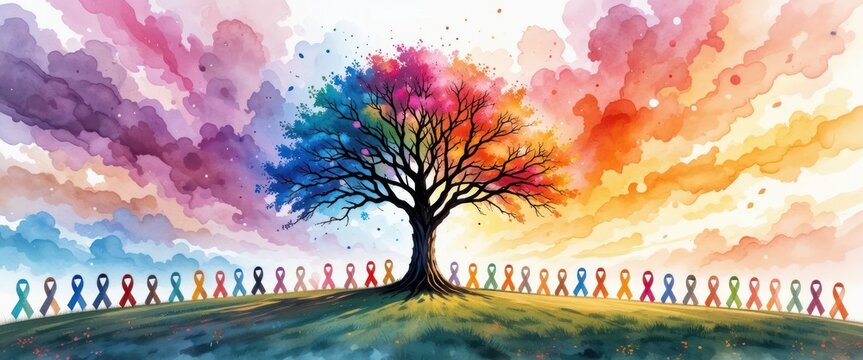 National Cancer Survivors Day Awareness Ribbon Tree Design for Celebration of Health and Hope. supporting awareness for important cause adorning a tree within a vibrant mystical tree and garden