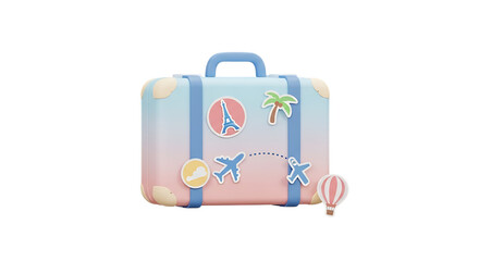 Colorful travel suitcase with travel stickers isolated on a transparent background suitable for design and travel-themed projects