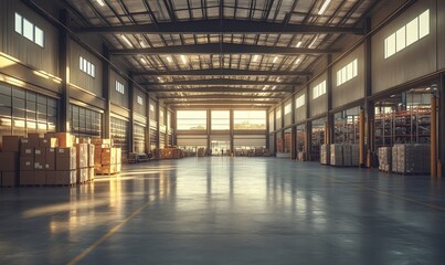 Organized warehouse interior showcasing efficiency in logistics and supply chain management, with effective inventory control, order fulfillment, and space optimization for streamlined, Generative AI