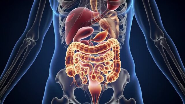 Detailed 3D Animation of Human Digestive System with Vivid Organ Renderings on Deep Blue Background Perfect for Medical Education and Health Related Visualizations and Symbolizes Human Health