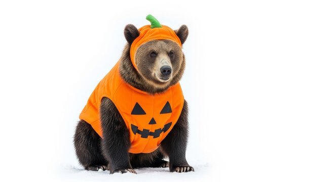 bear dressed as a pumpkin jack-o-lantern Halloween costume, celebration