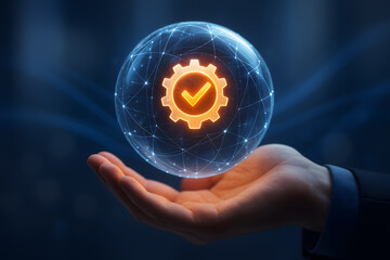 Hand holding glowing globe with gear and checkmark