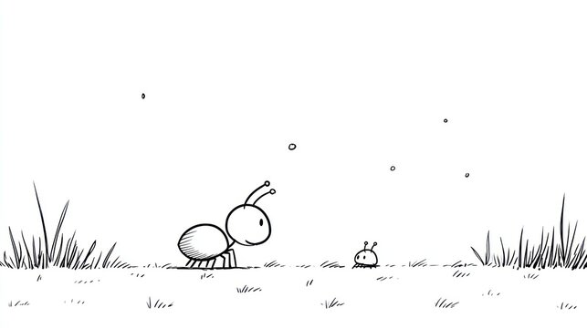 Cartoon ant & small bug face each other in a simplistic, sunny field