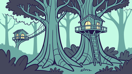 Illustration of a treehouse with a spiral staircase and a large tree with roots