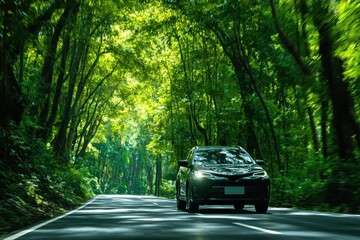 EV car, Electric car or hydrogen energy car on road midst forest and natural. Environmental friendly travel. Sustainable transportation and green logistic to Net zero carbon emission for Save earth