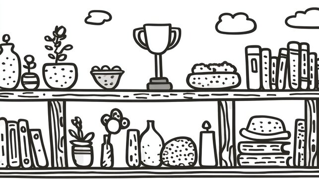 Shelves hold books, plants, trophy, fruit, candle, hat, in black and white