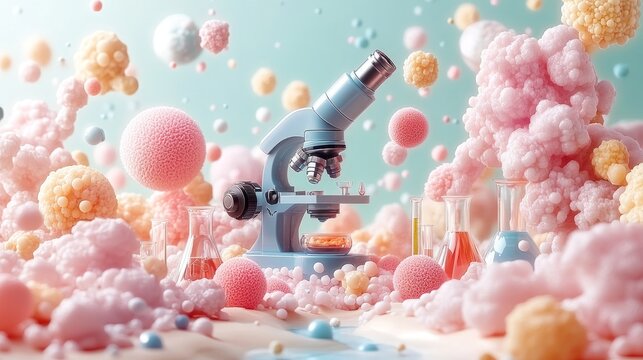 Abstract science lab with microscope and colorful elements - Powered by Adobe