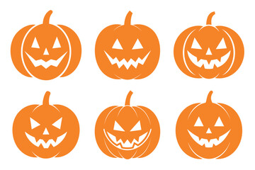set of orange jack o lantern pumpkins with carved faces on white background Halloween