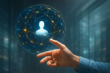 Hand reaching towards glowing digital globe with human silhouette