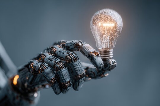 Generate AI technology. Machine learning on the big data network, Hand holding a light bulb brain creative to technology smart robot science and artificial intelligence, innovation of futuristic