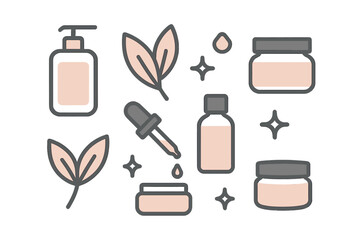 Cosmetic bottles and jars with leaves and sparkles