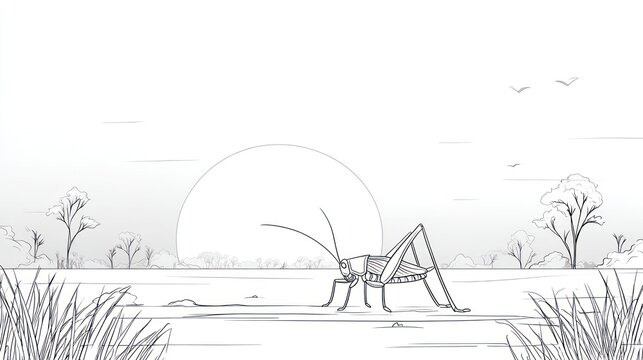Line drawing of a grasshopper in nature setting under a large sun