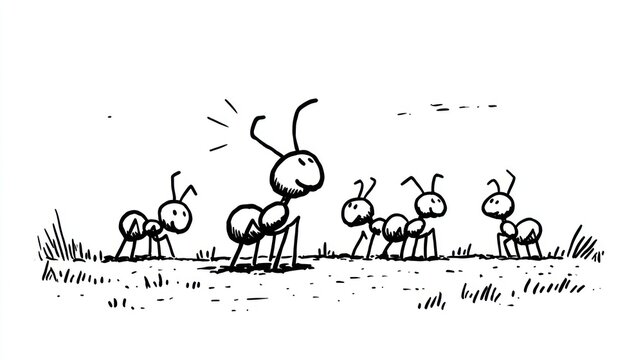 Cartoon ants in field, one ant stands out with a halo above it's head
