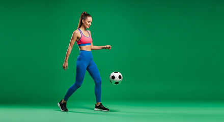 Fototapeta premium A young woman in athletic wear skillfully kicking a soccer ball against a vibrant green backdrop.