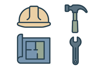 Construction tools and blueprint icons