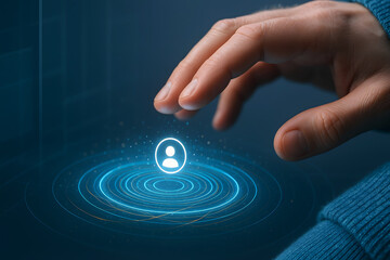 Human hand touching glowing user profile icon on digital interface