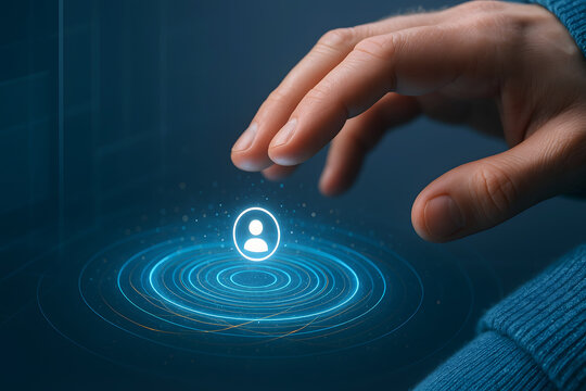 Human hand touching glowing user profile icon on digital interface