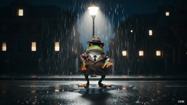 mysterious frog detective in rainy city night