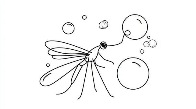 Line art of a mosquito with bubbles, isolated on white