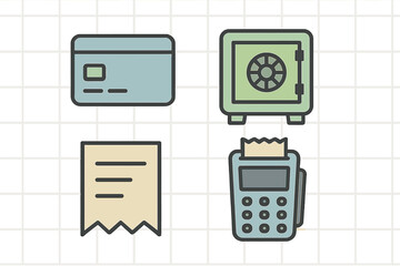 Financial Icons: Credit Card, Safe, Receipt, Payment Terminal