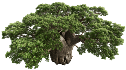 magnificent, ancient Baobab tree with its sprawling branches and lush green leaves isolated on white background