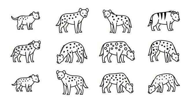 Collection of simple, charming hyena illustrations in various poses
