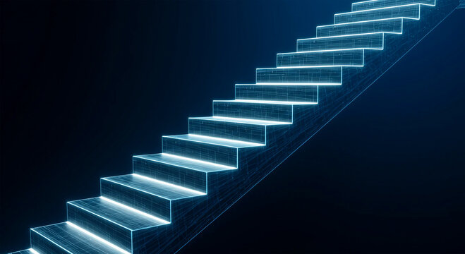Futuristic Glowing Blue Wireframe Stairs Ascending in Dark Digital Space