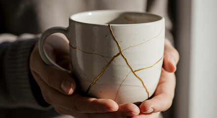 Hands holding a ceramic mug repaired with gold, the Japanese art of Kintsugi.
