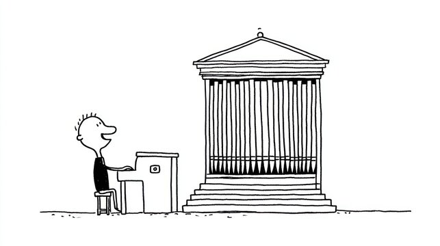 Cartoon man plays piano before a columned Greek temple, drawn in simple lines