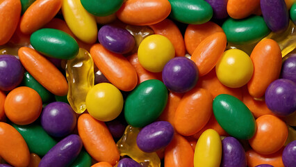 Colorful Halloween Candy and Gummies, Macro Background
