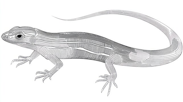 Detailed line drawing of a lizard with a curved tail on a white background