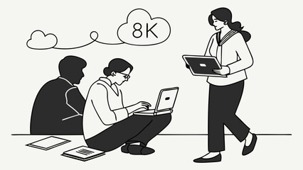 Illustration of Three People Working with Technology and 8K Cloud.