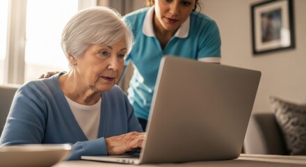 Elderly Woman Using Laptop with Caregiver Support in Cozy Living Room