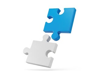 A single blue puzzle piece hovering above a white puzzle piece, against a clean white background. The shapes are 3D rendered