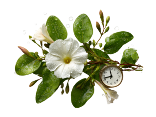 Dew-kissed white flowers and vintage clock nature time beauty