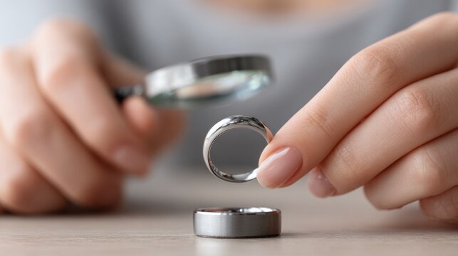 Appraiser evaluates silver ring with loupe in a jewelry assessment setting at a workstation