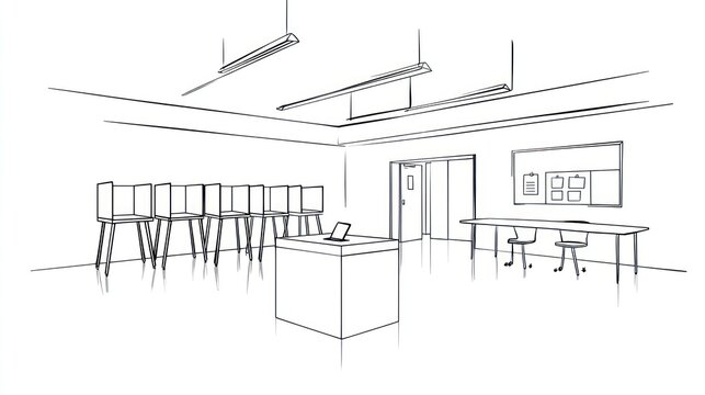 Sketched interior of a polling place with booths, table, and lighting
