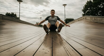 A man skateboarding on a ramp in an urban environment with cloudy sky above