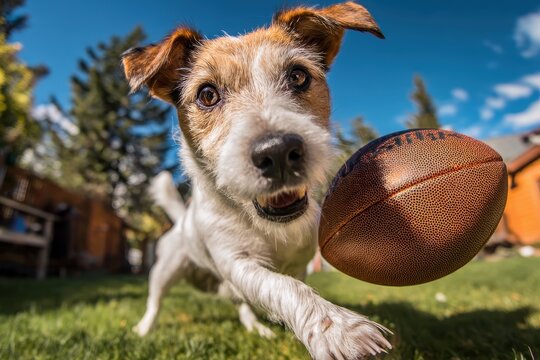 Dog Playing Football: Funny American Football Game with Agile Dog in Backyard Lawn