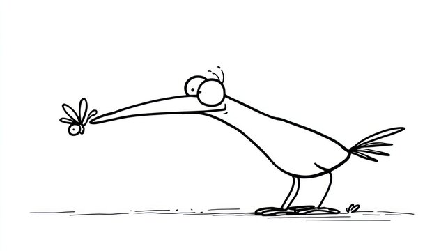 Cartoon bird stares inquisitively at a fly perched on its long beak